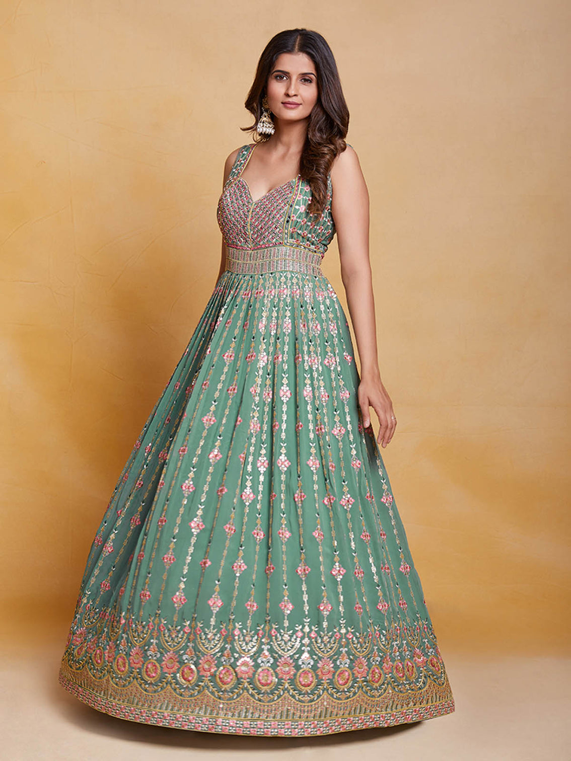 Sea Green Georgette Embroidered Stitched Gown