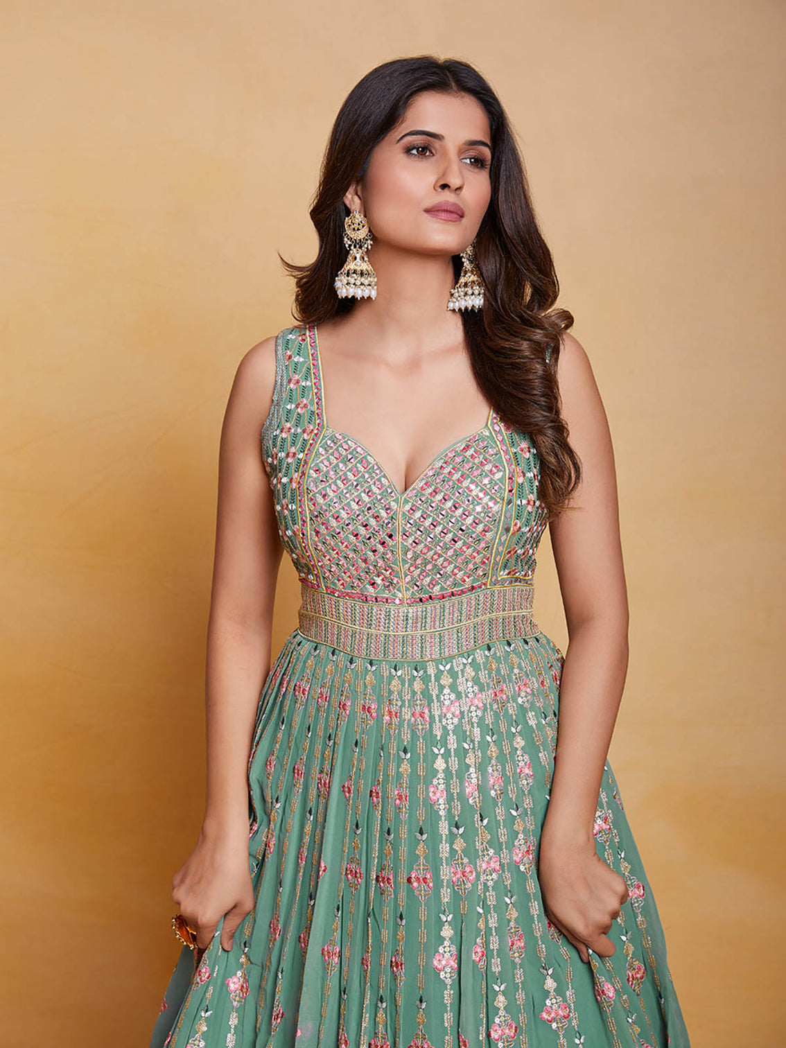 Sea Green Georgette Embroidered Stitched Gown