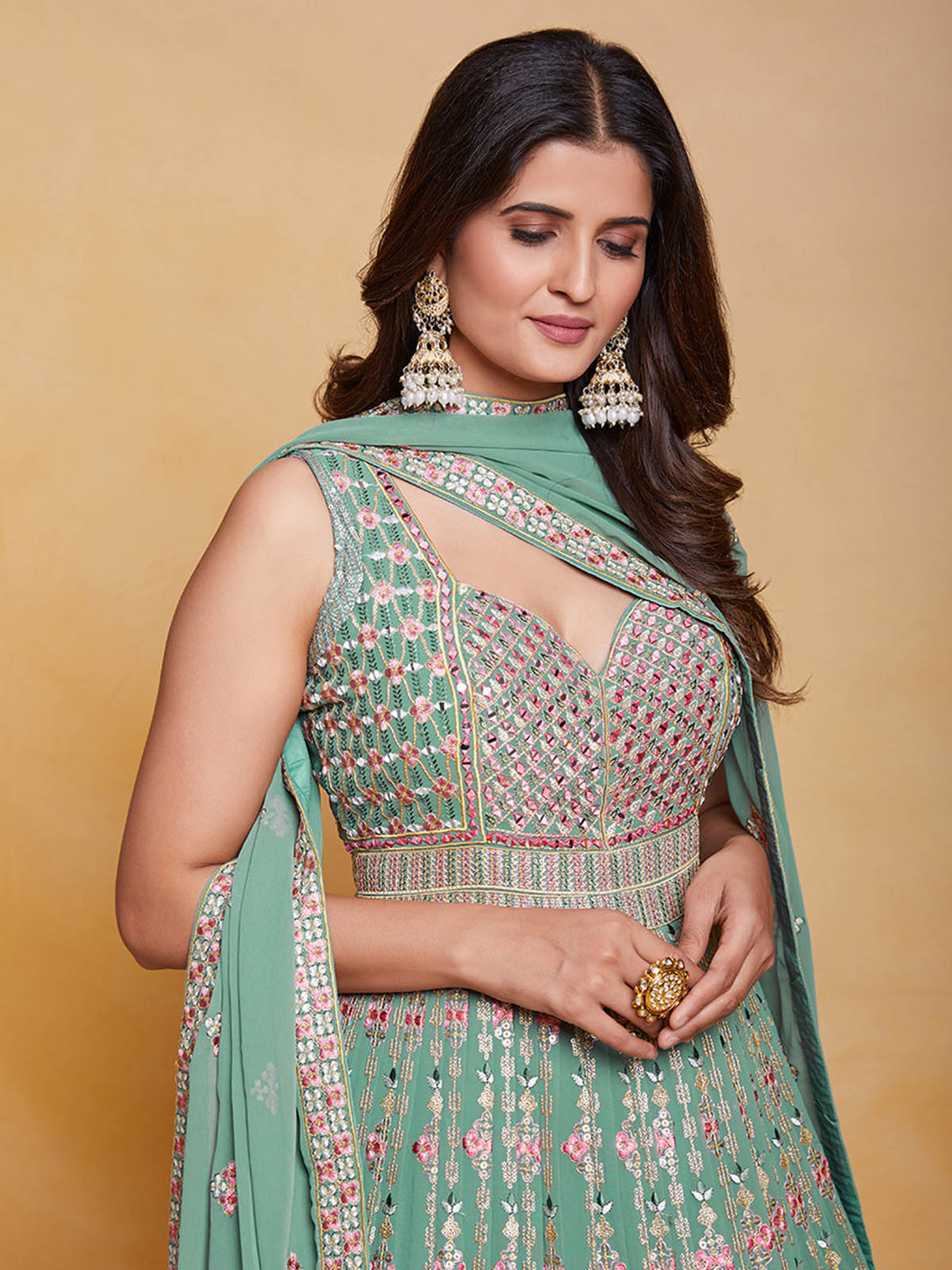 Sea Green Georgette Embroidered Stitched Gown