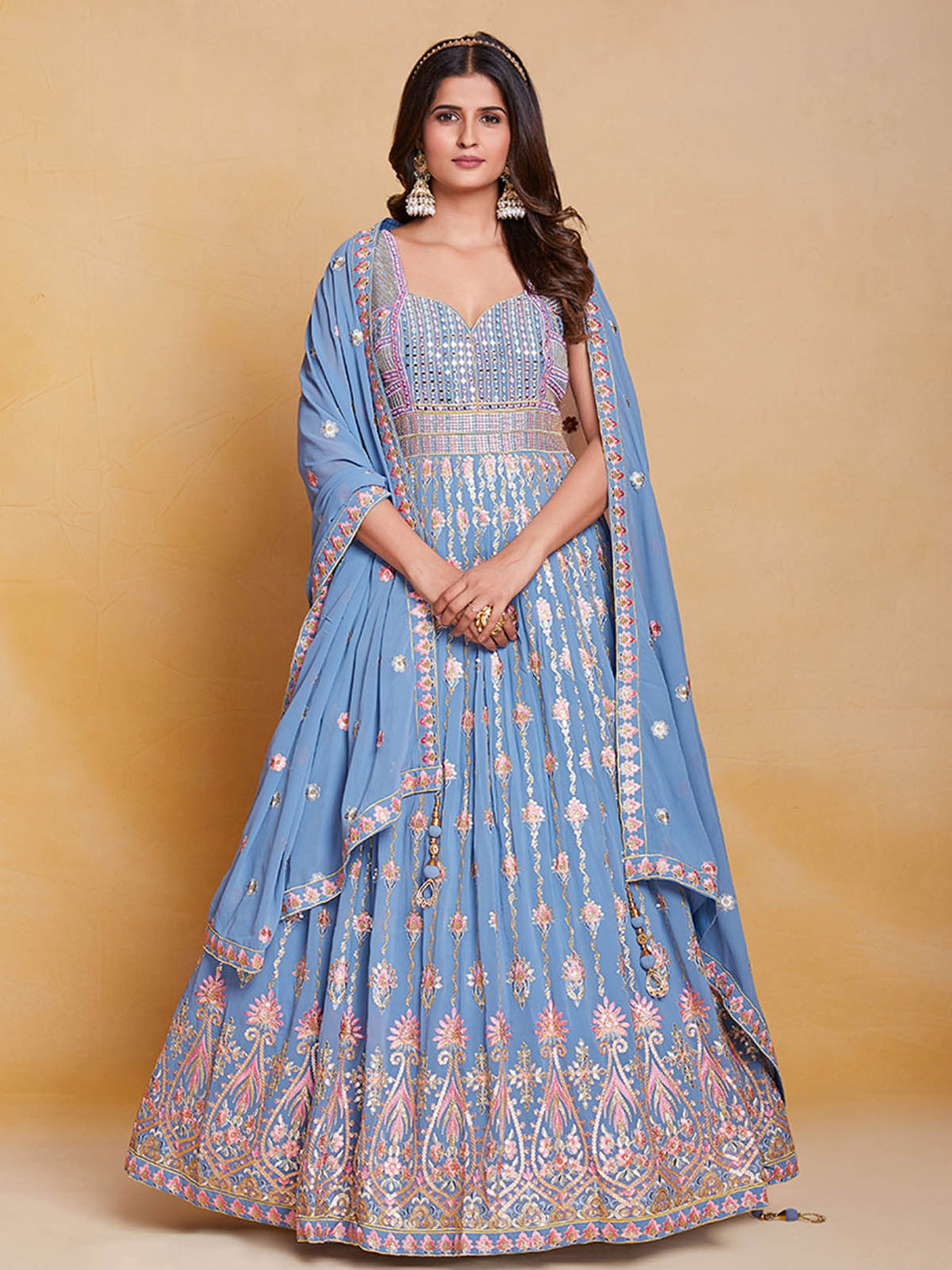 Blue Georgette Embroidered Stitched Gown