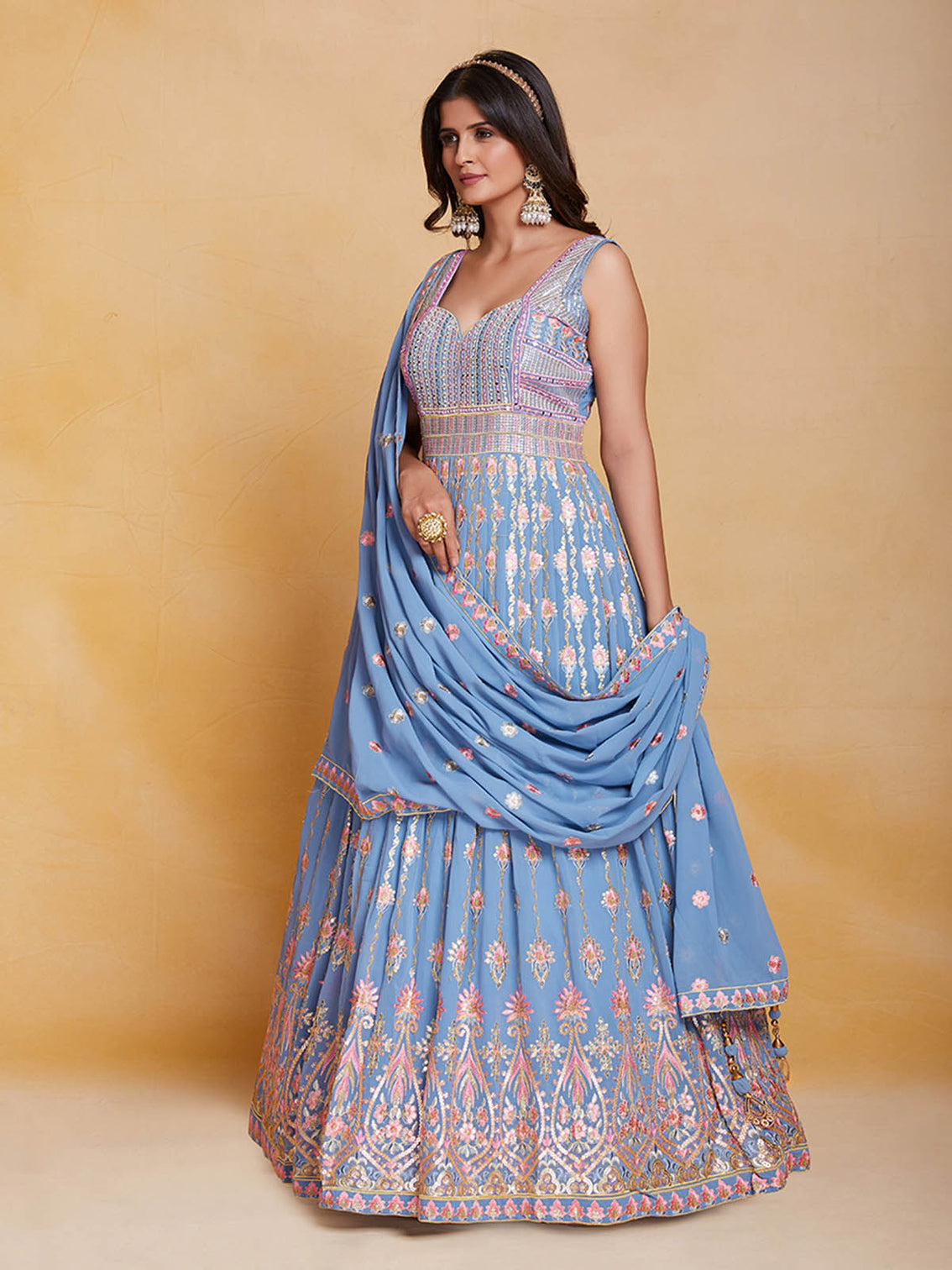 Blue Georgette Embroidered Stitched Gown