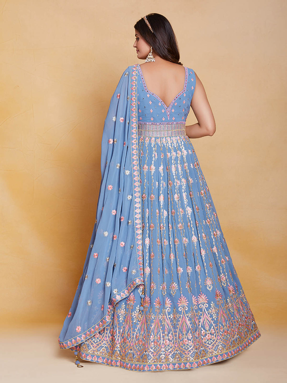Blue Georgette Embroidered Stitched Gown