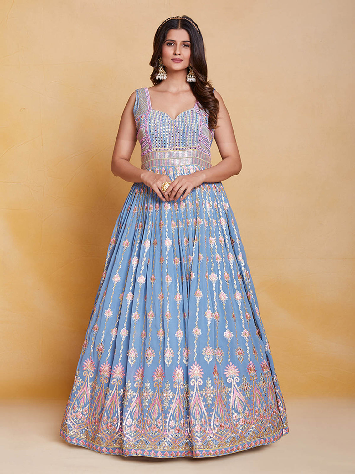 Blue Georgette Embroidered Stitched Gown