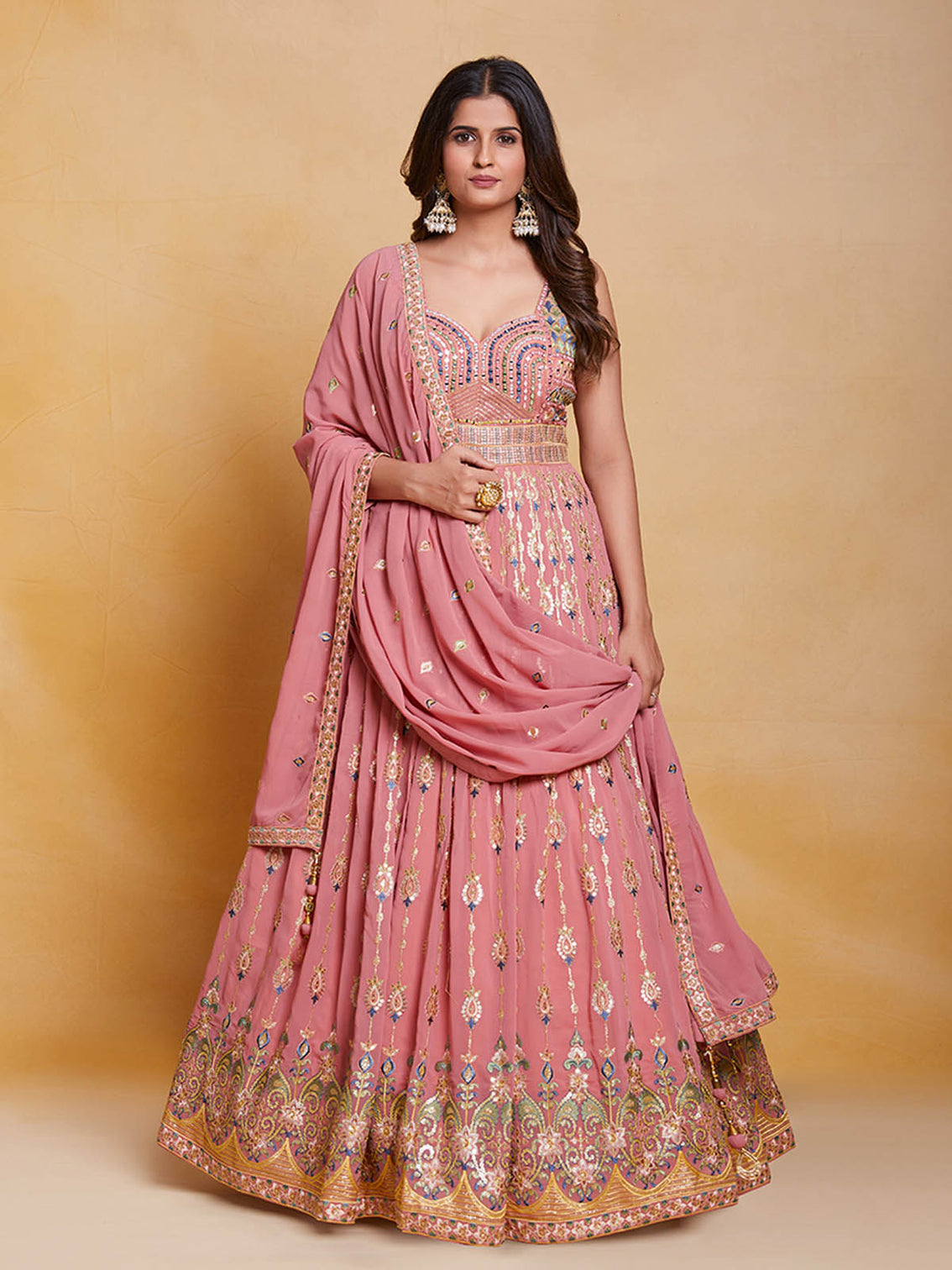 Pink Georgette Embroidered Stitched Gown