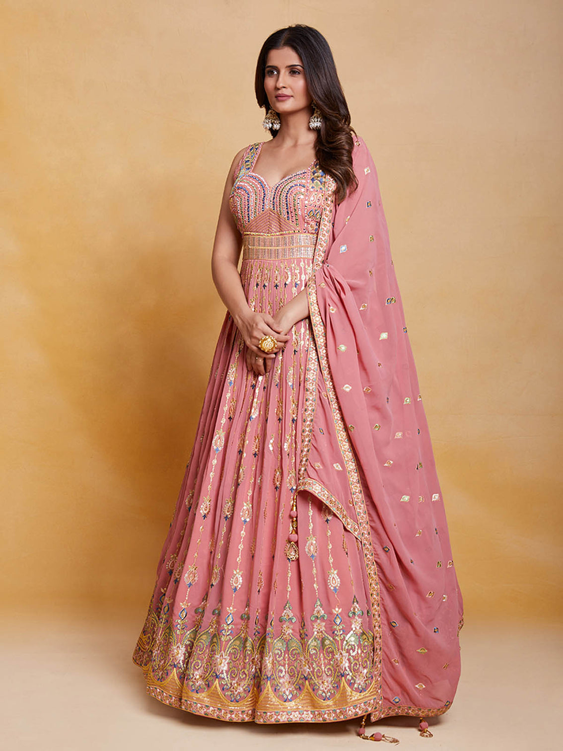 Pink Georgette Embroidered Stitched Gown