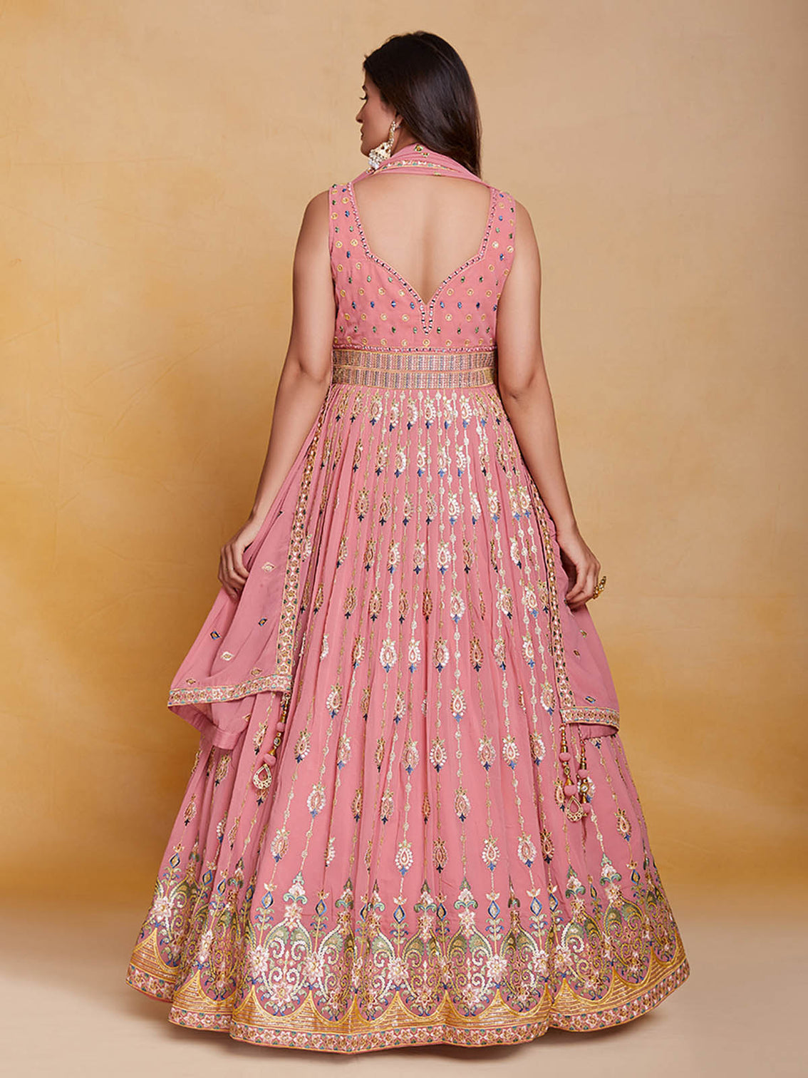 Pink Georgette Embroidered Stitched Gown