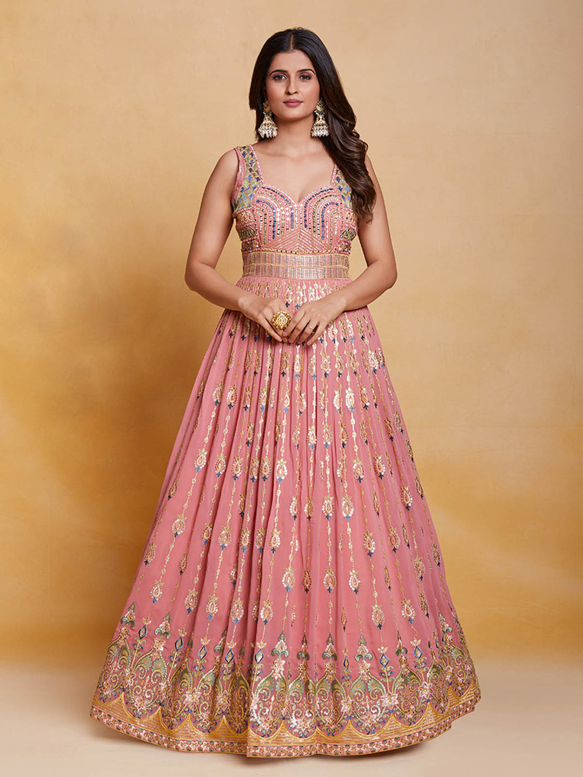 Pink Georgette Embroidered Stitched Gown