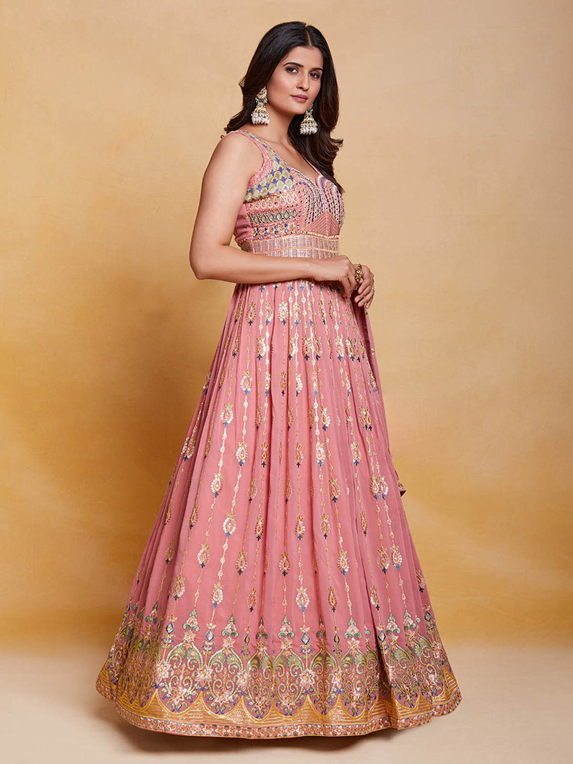 Pink Georgette Embroidered Stitched Gown
