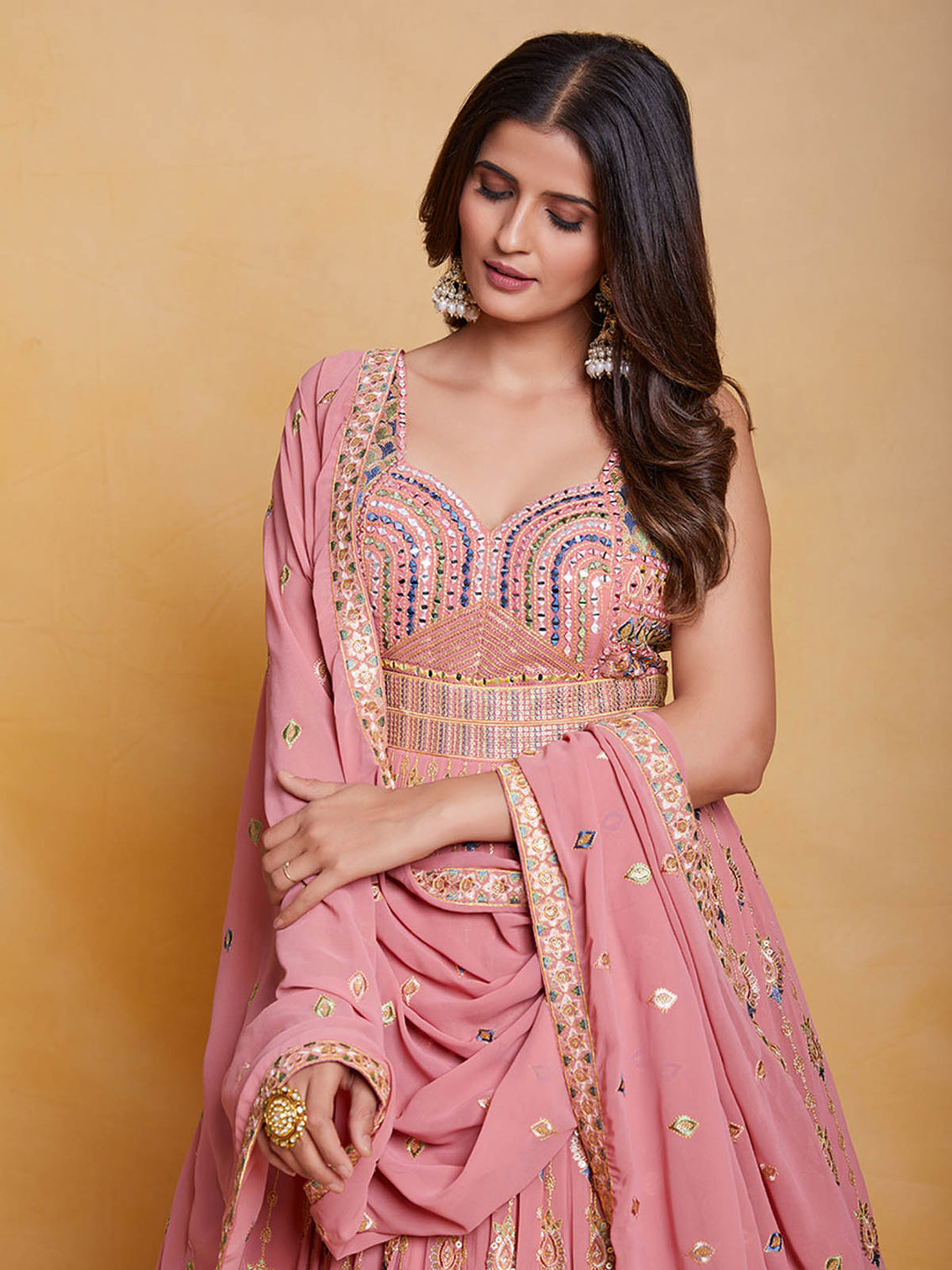 Pink Georgette Embroidered Stitched Gown