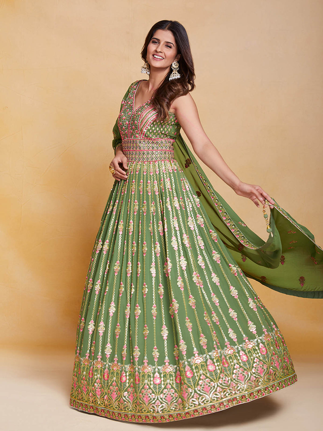 Green Georgette Embroidered Stitched Gown
