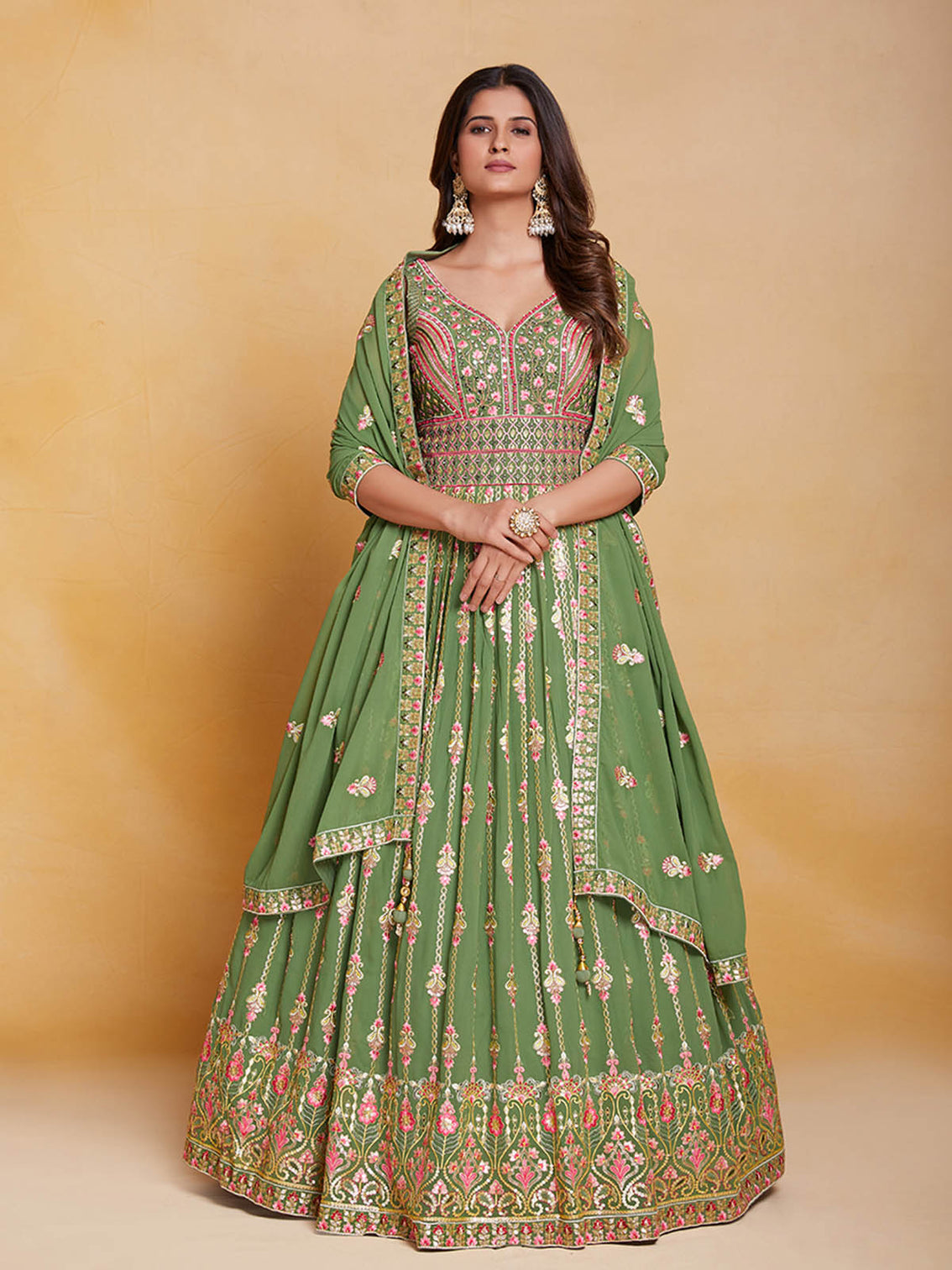 Green Georgette Embroidered Stitched Gown