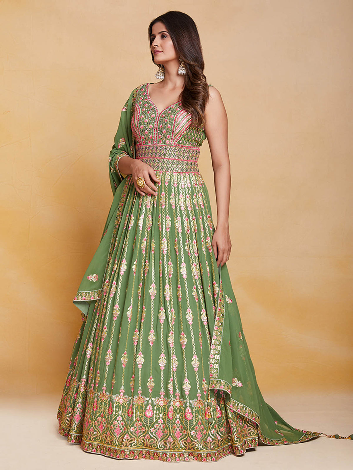 Green Georgette Embroidered Stitched Gown