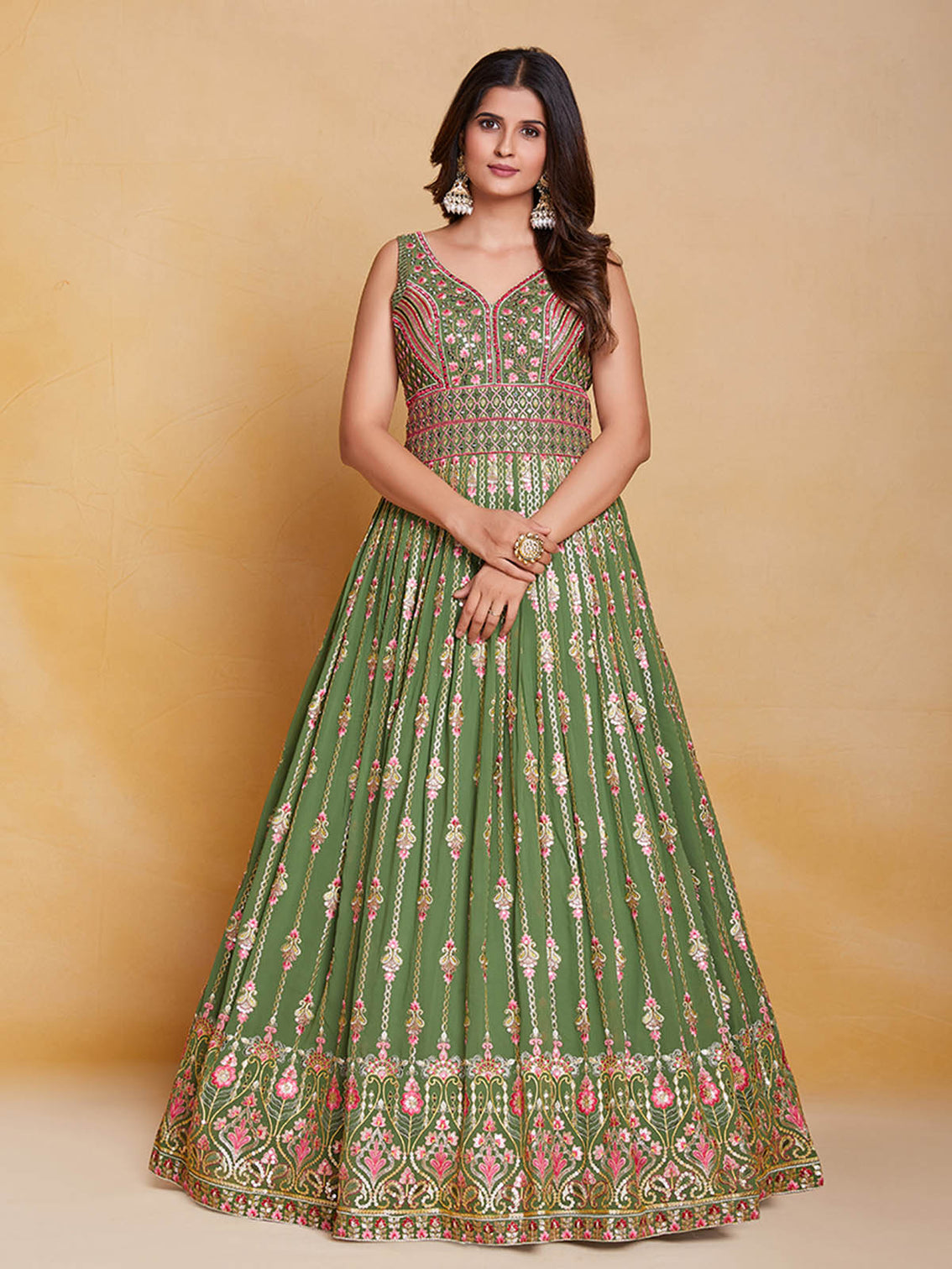 Green Georgette Embroidered Stitched Gown