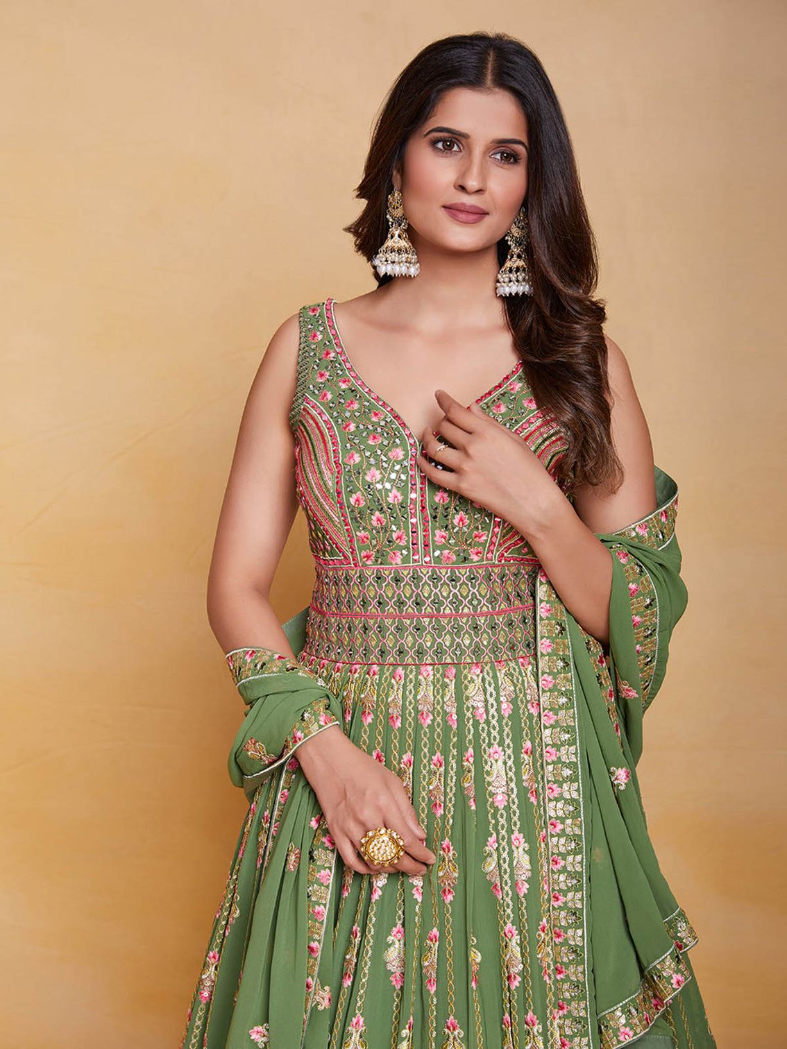 Green Georgette Embroidered Stitched Gown