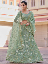 Green Embroidered Semi Stitched Lehenga With Unstitched Blouse