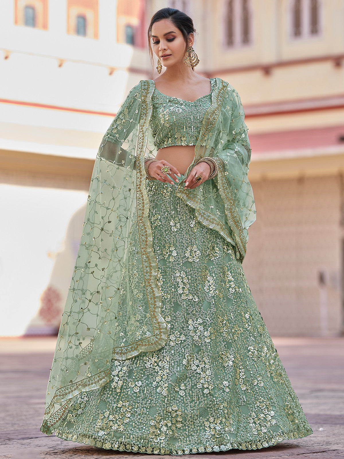 Green Embroidered Semi Stitched Lehenga With Unstitched Blouse