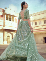 Green Embroidered Semi Stitched Lehenga With Unstitched Blouse