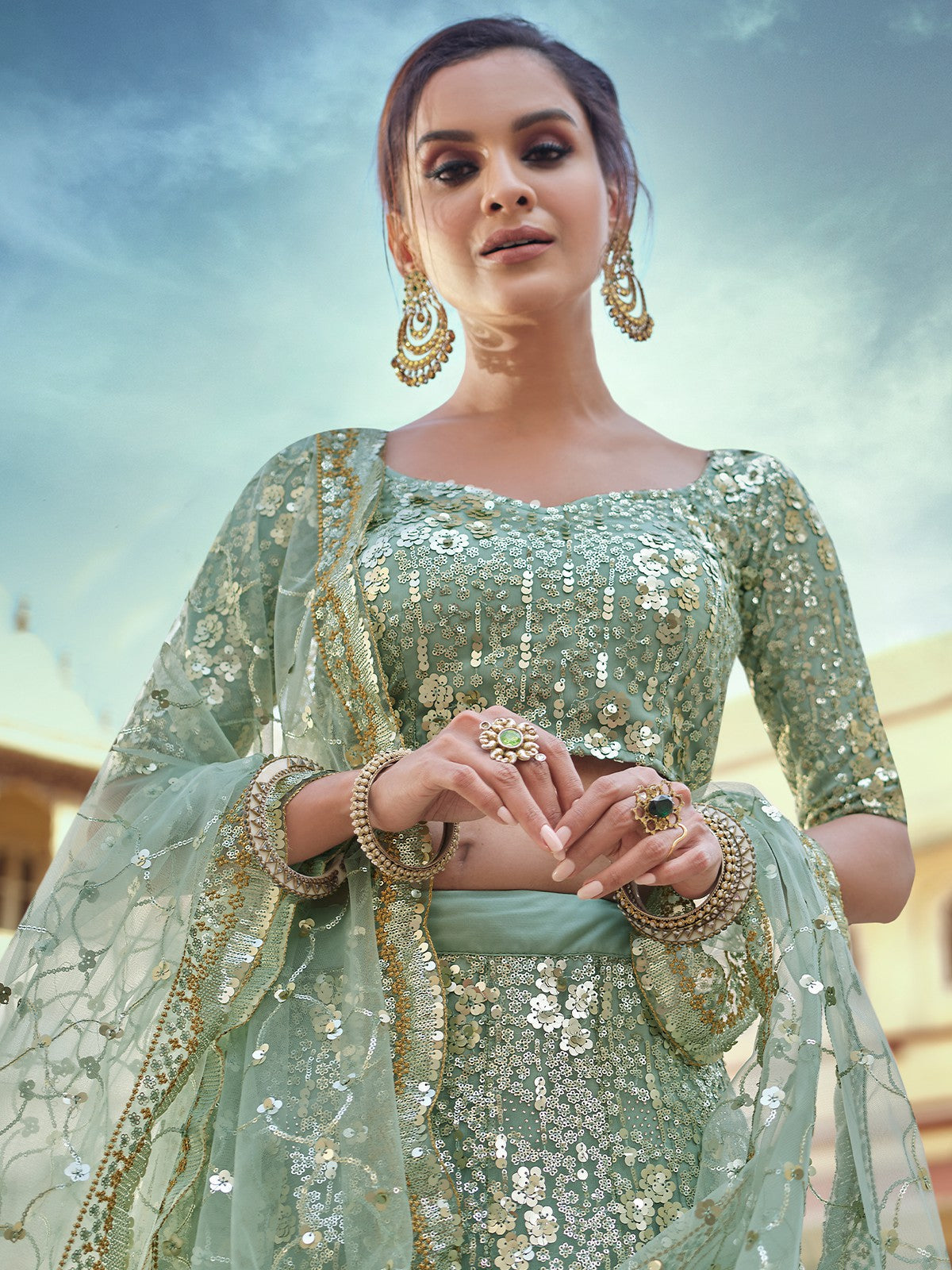 Green Embroidered Semi Stitched Lehenga With Unstitched Blouse