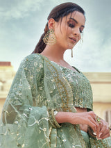 Green Embroidered Semi Stitched Lehenga With Unstitched Blouse