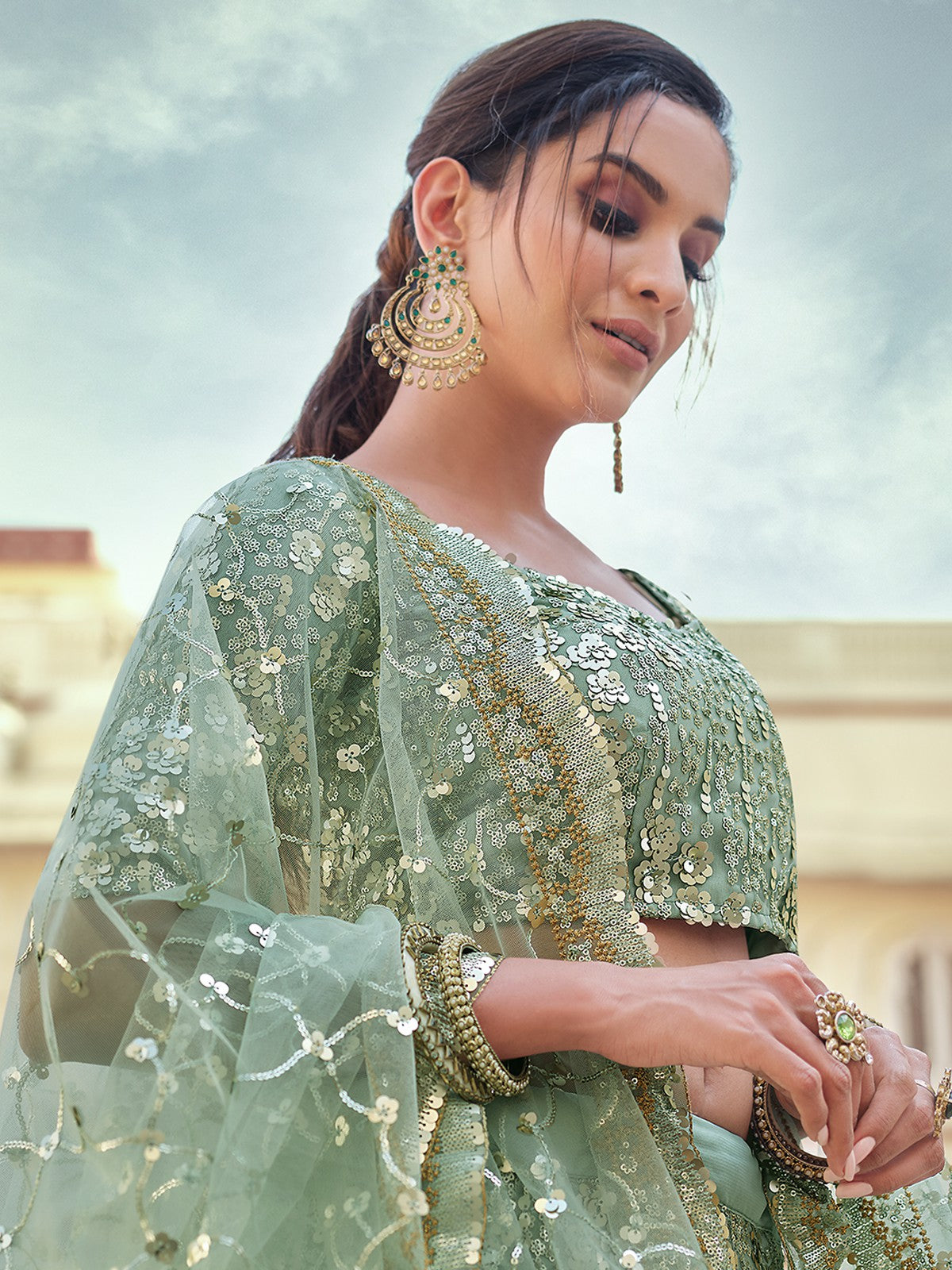 Green Embroidered Semi Stitched Lehenga With Unstitched Blouse