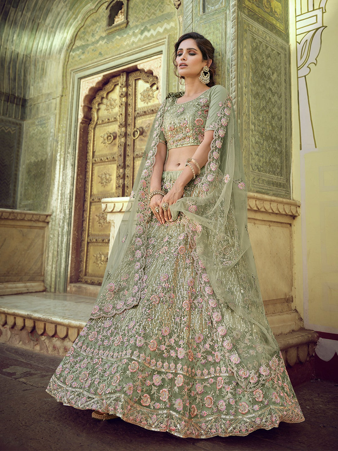 Green Net Semi Stitched Lehenga With Unstitched Blouse