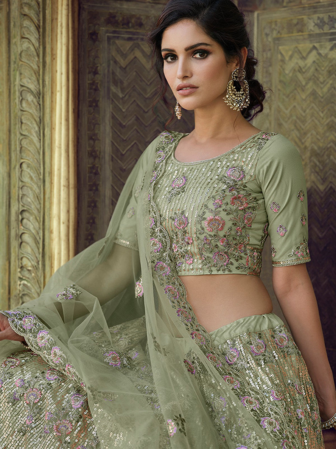 Green Net Semi Stitched Lehenga With Unstitched Blouse