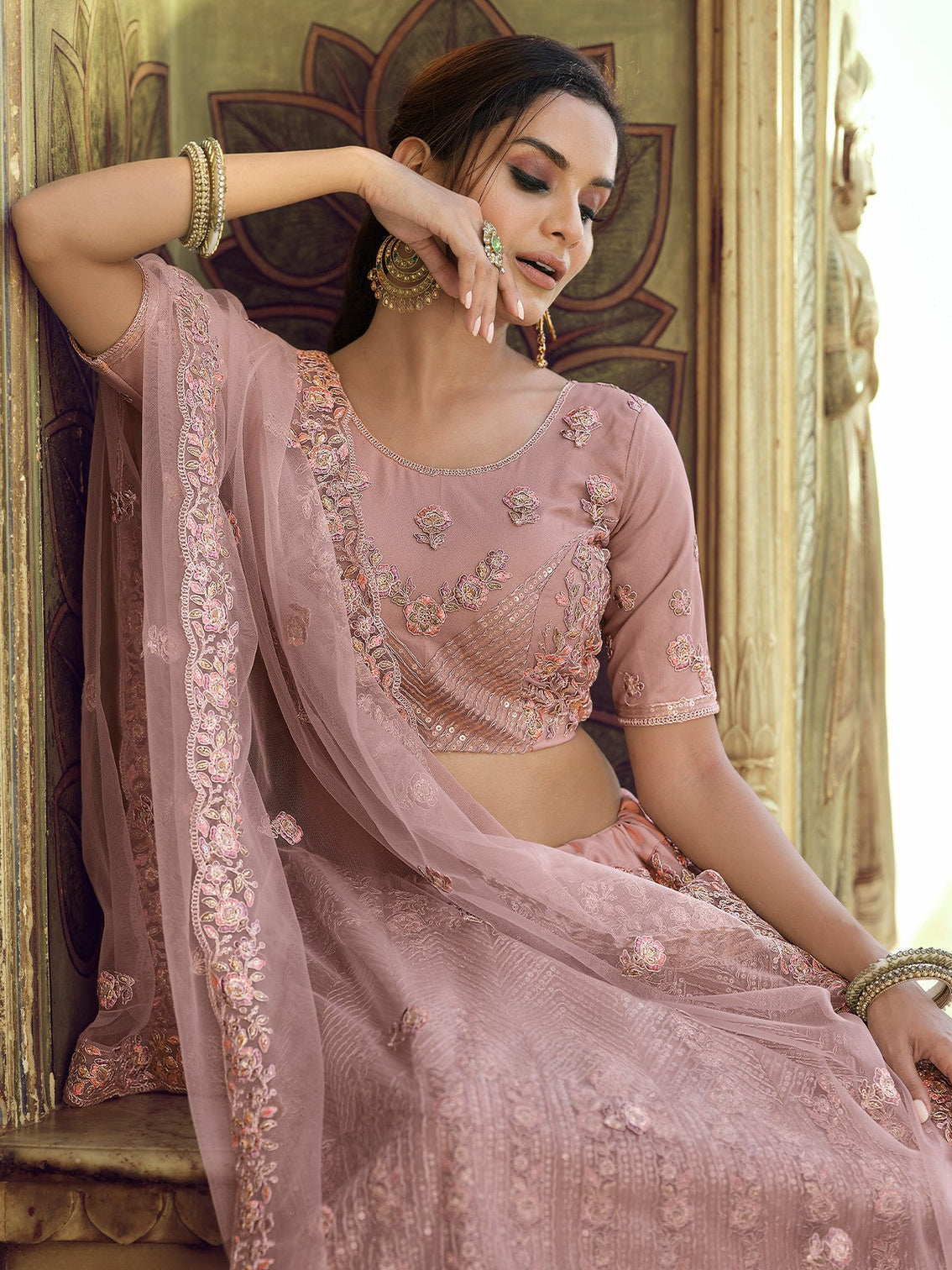 Lilac Sequins,Thread,Dori,Zari Semi Stitched Lehenga With Unstitched Blouse