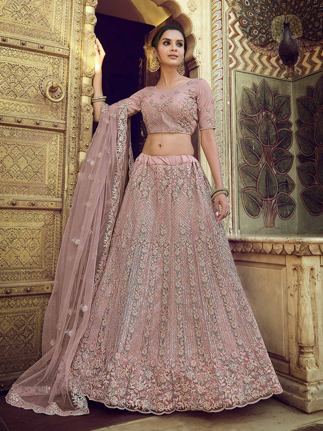 Lilac Sequins,Thread,Dori,Zari Semi Stitched Lehenga With Unstitched Blouse