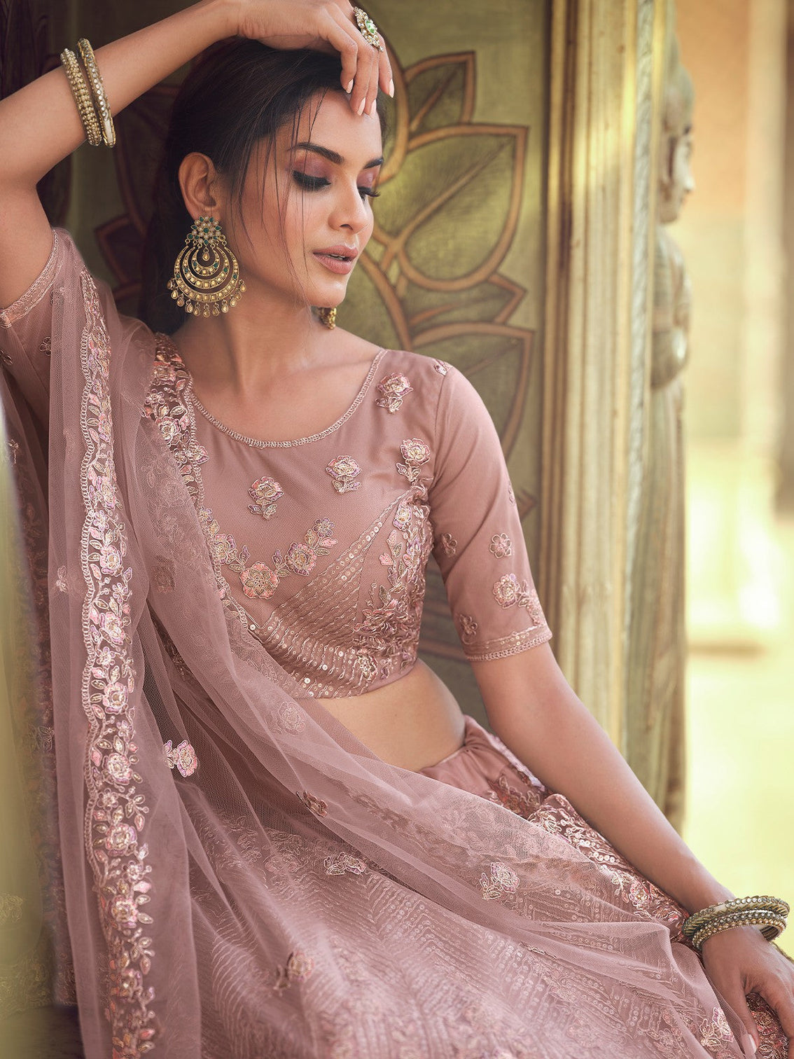 Lilac Sequins,Thread,Dori,Zari Semi Stitched Lehenga With Unstitched Blouse