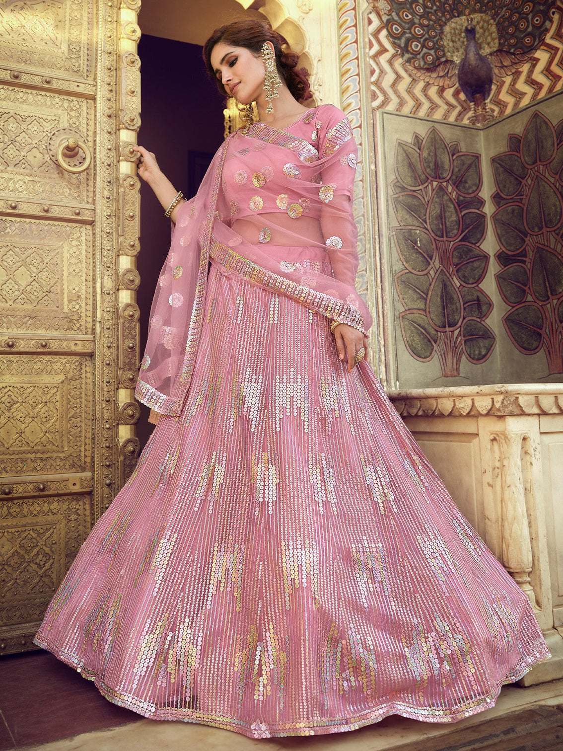 Pink Sequins Semi Stitched Lehenga With Unstitched Blouse