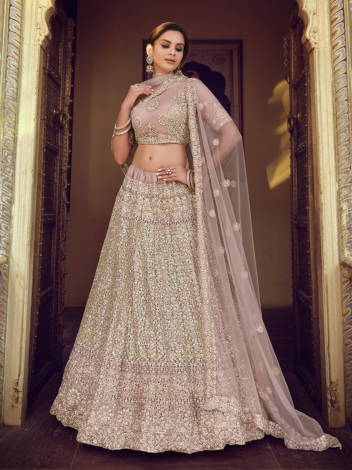 Lilac Embroidered Soft Net Semi Stitched Lehenga With Unstitched Blouse