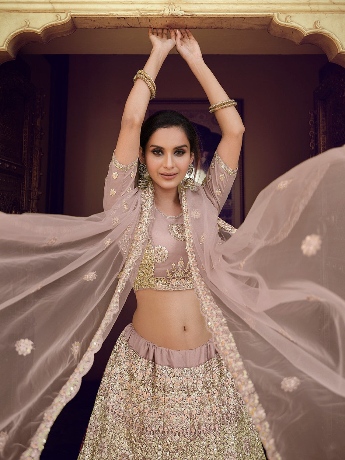 Lilac Embroidered Soft Net Semi Stitched Lehenga With Unstitched Blouse