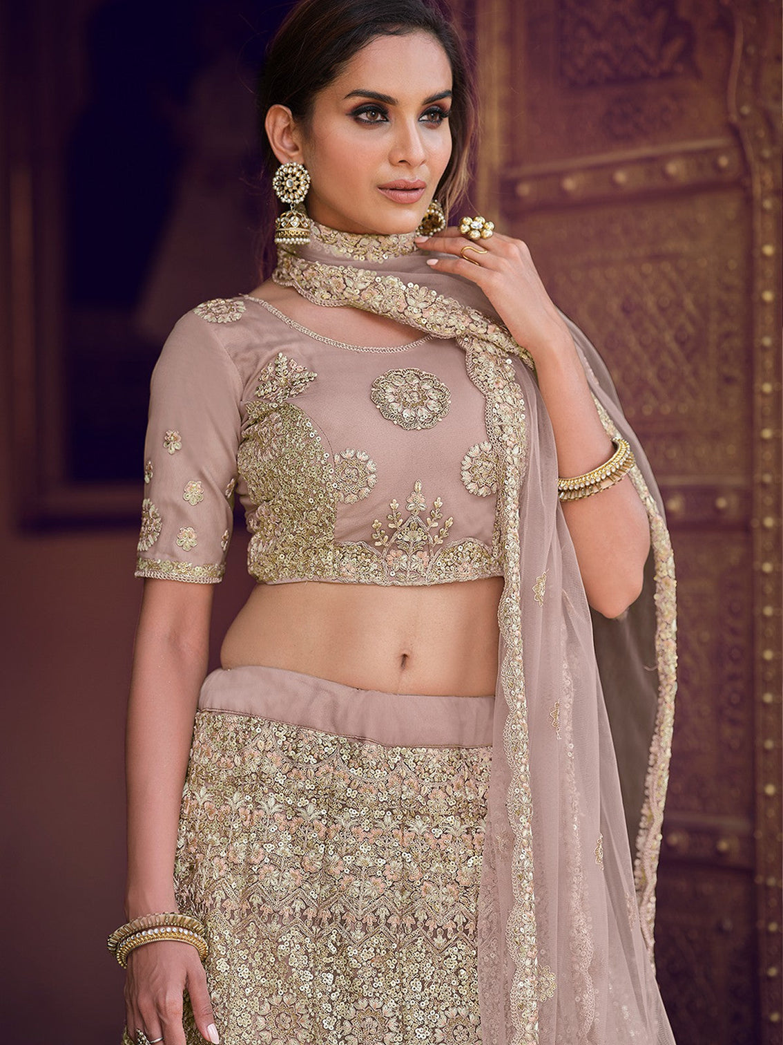 Lilac Embroidered Soft Net Semi Stitched Lehenga With Unstitched Blouse