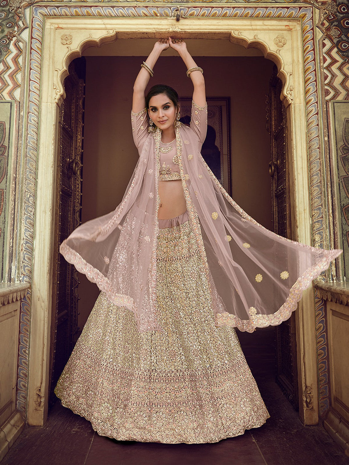 Lilac Embroidered Soft Net Semi Stitched Lehenga With Unstitched Blouse