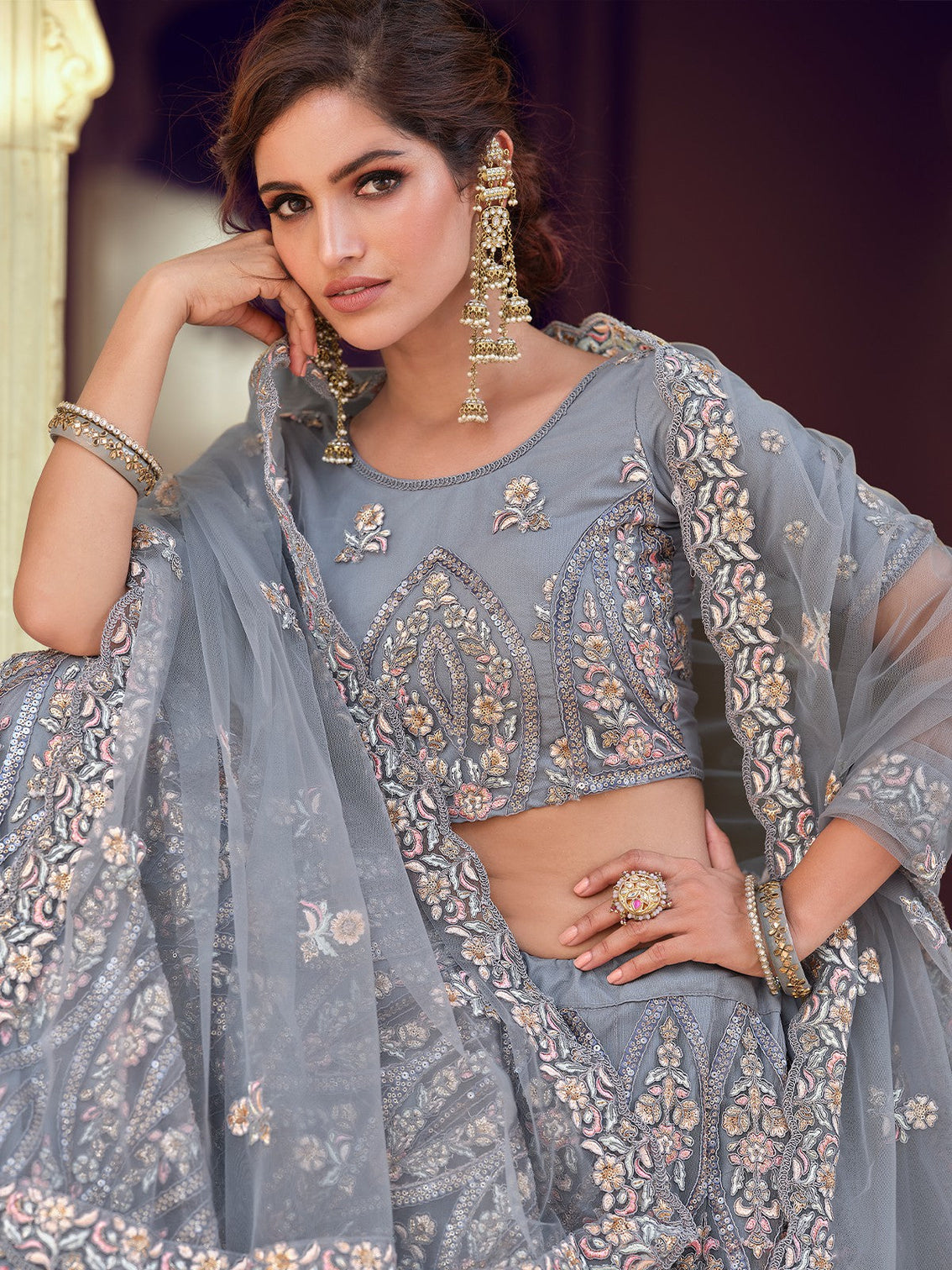 Grey Sequins Embroidered Soft Net Semi Stitched Lehenga With Unstitched Blouse