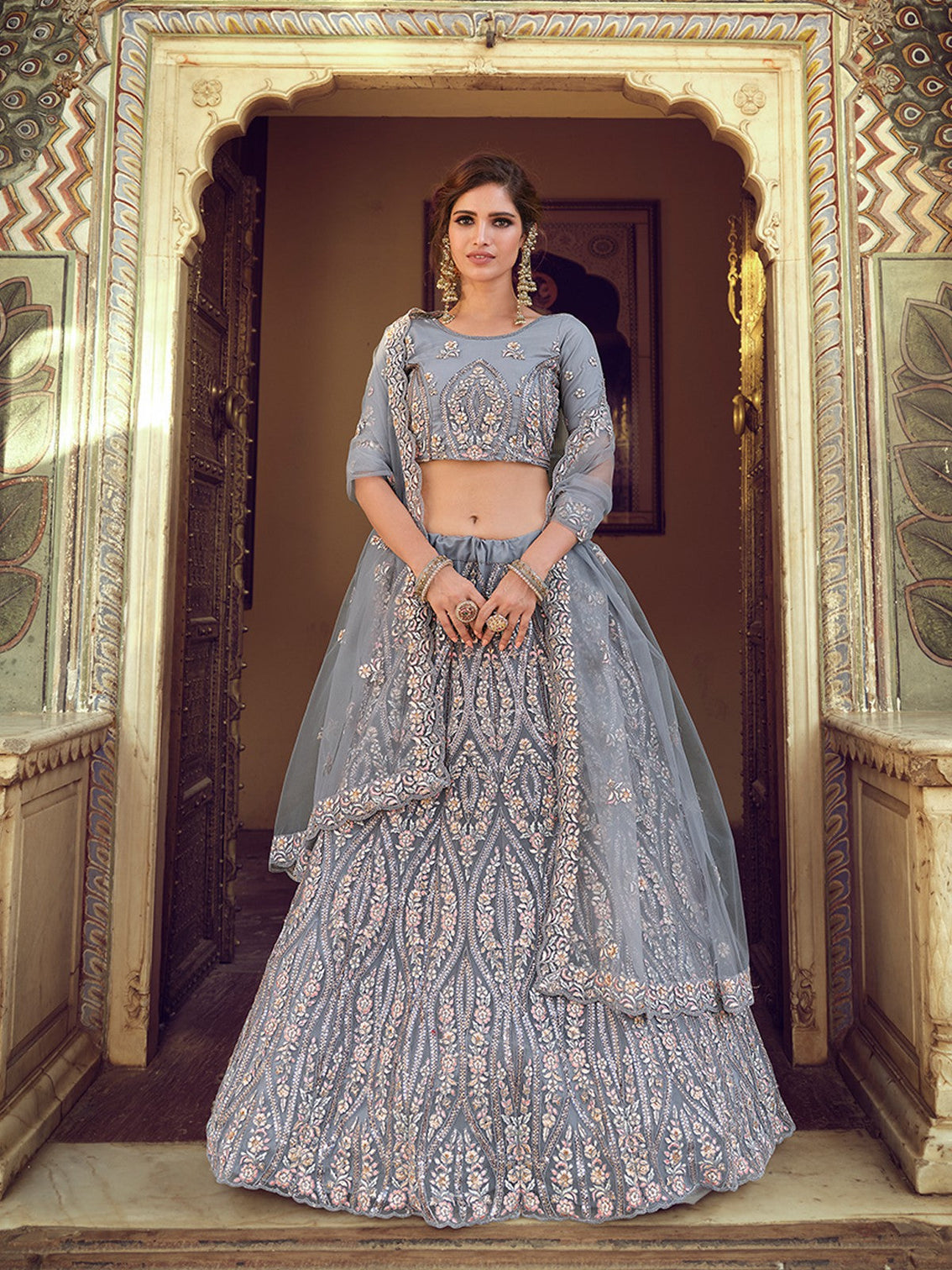 Grey Sequins Embroidered Soft Net Semi Stitched Lehenga With Unstitched Blouse