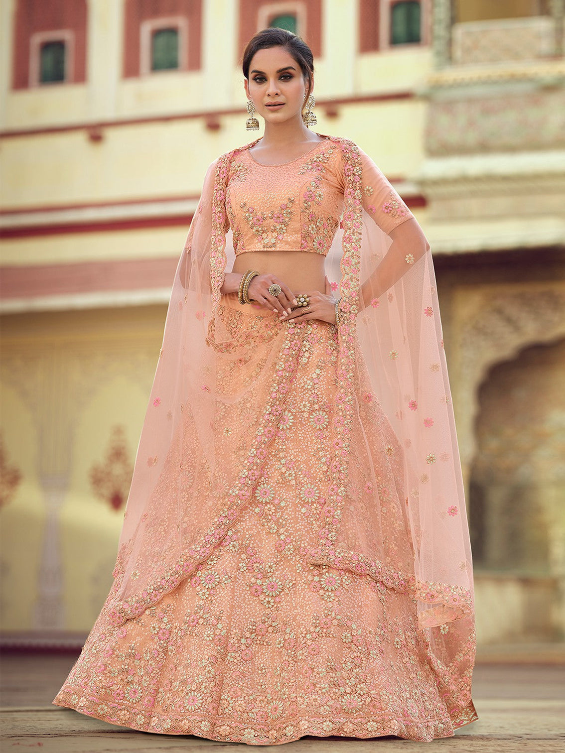 Peach Embroidered Semi Stitched Lehenga With Unstitched Blouse