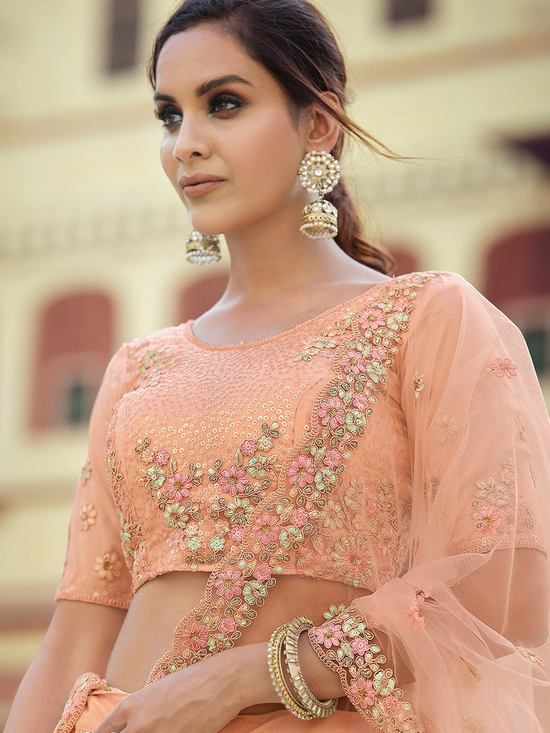 Peach Embroidered Semi Stitched Lehenga With Unstitched Blouse