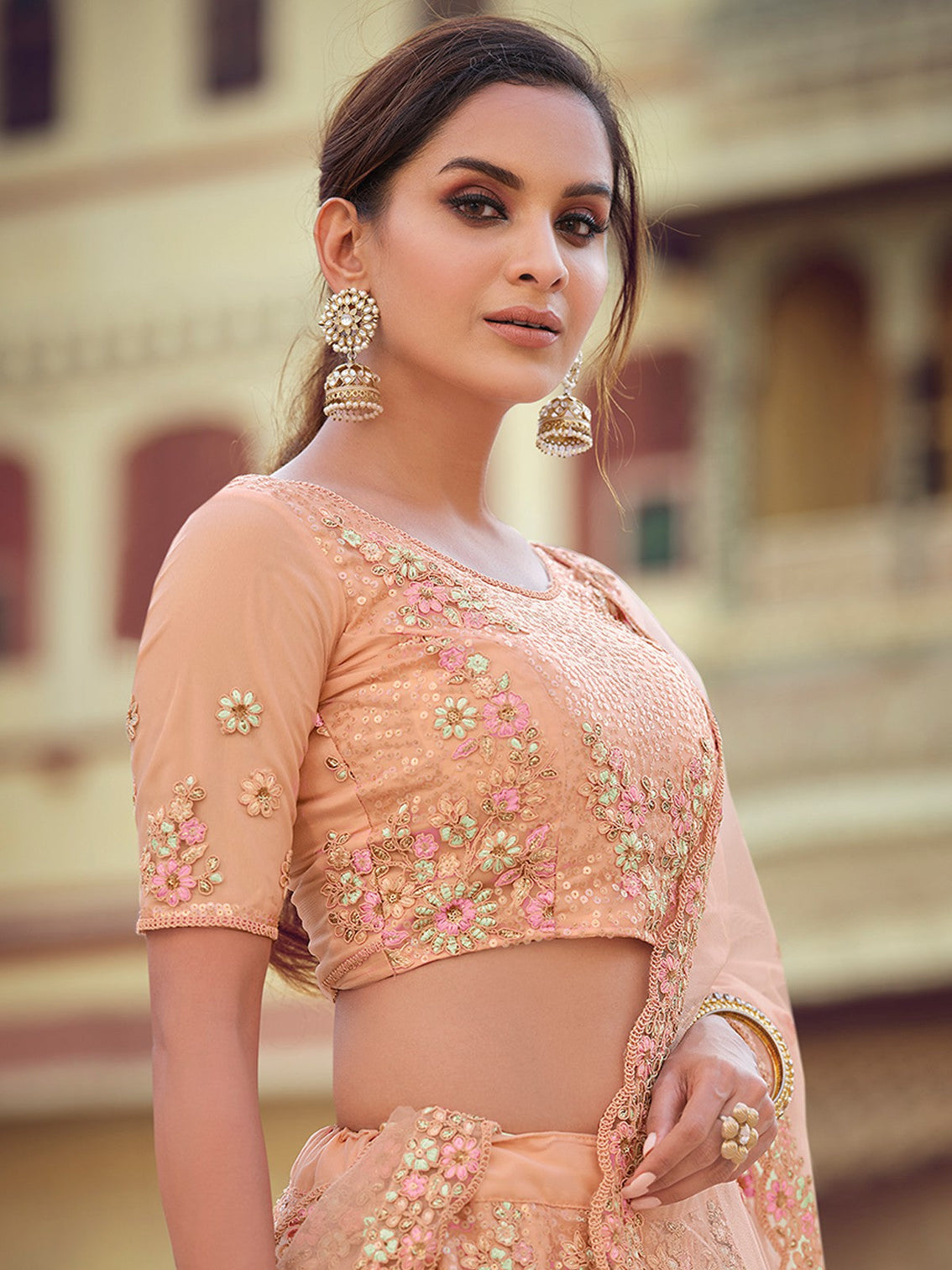 Peach Embroidered Semi Stitched Lehenga With Unstitched Blouse