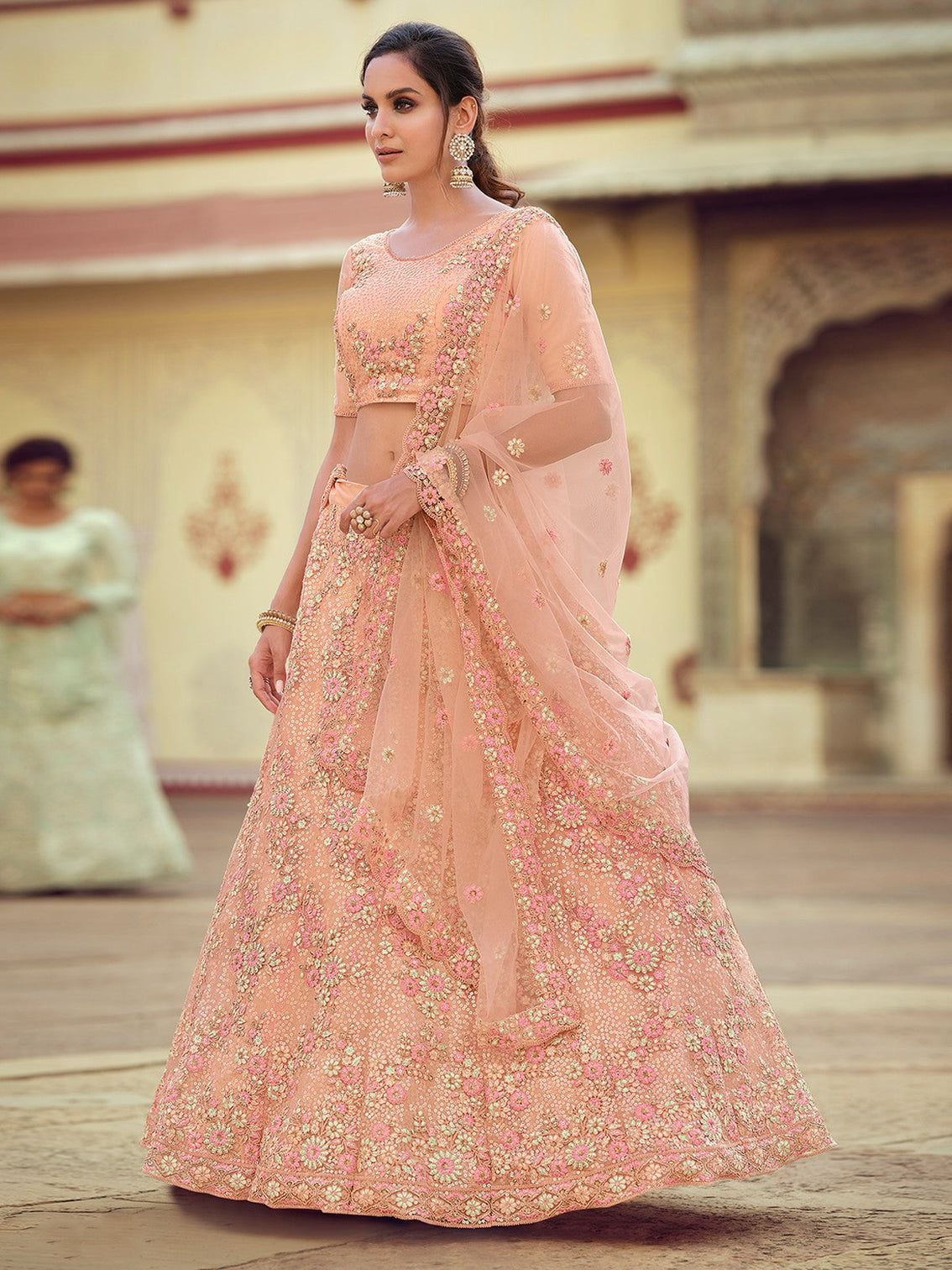 Peach Embroidered Semi Stitched Lehenga With Unstitched Blouse