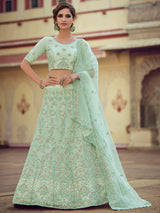 Green Embroidered Soft Net Semi Stitched Lehenga With Unstitched Blouse