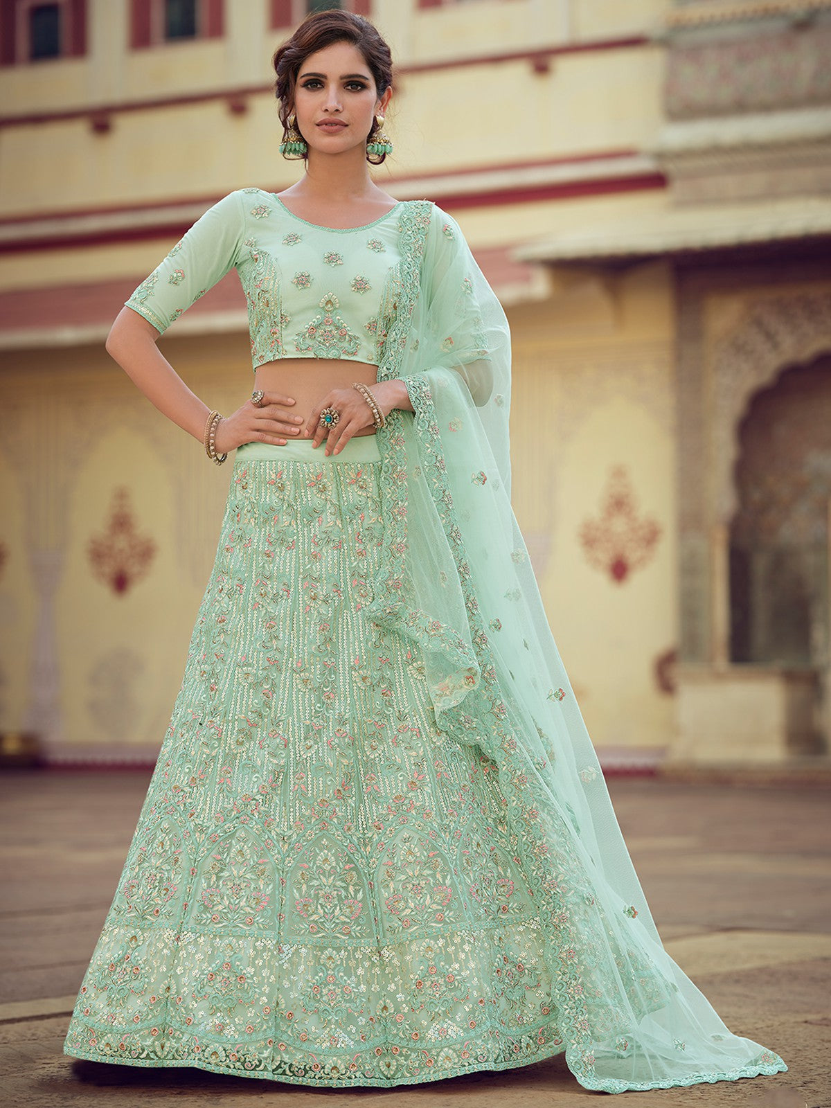 Green Embroidered Soft Net Semi Stitched Lehenga With Unstitched Blouse