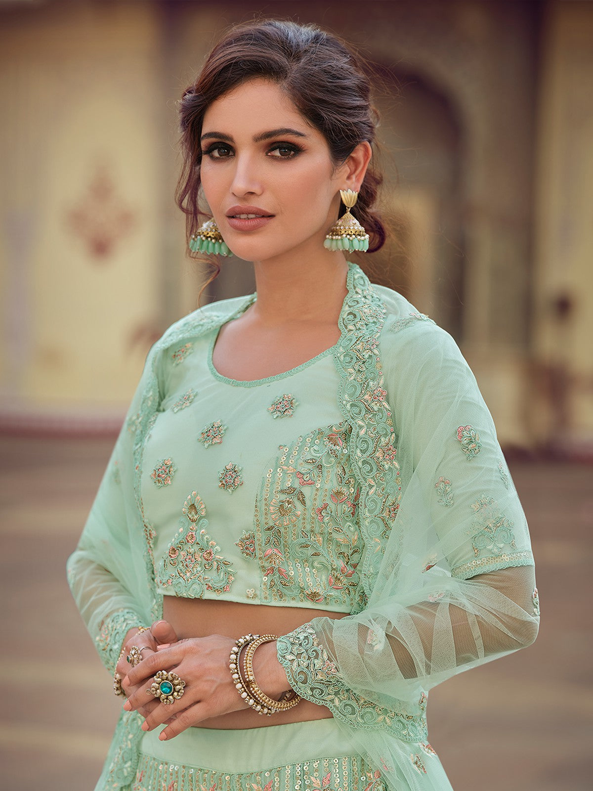 Green Embroidered Soft Net Semi Stitched Lehenga With Unstitched Blouse