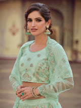 Green Embroidered Soft Net Semi Stitched Lehenga With Unstitched Blouse