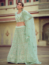 Green Embroidered Soft Net Semi Stitched Lehenga With Unstitched Blouse