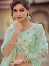 Green Embroidered Soft Net Semi Stitched Lehenga With Unstitched Blouse