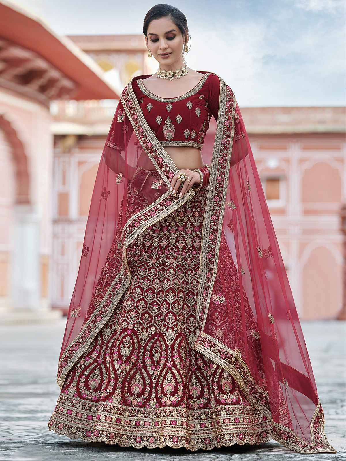 Maroon Elegant Semi Stitched Lehenga With Unstitched Blouse