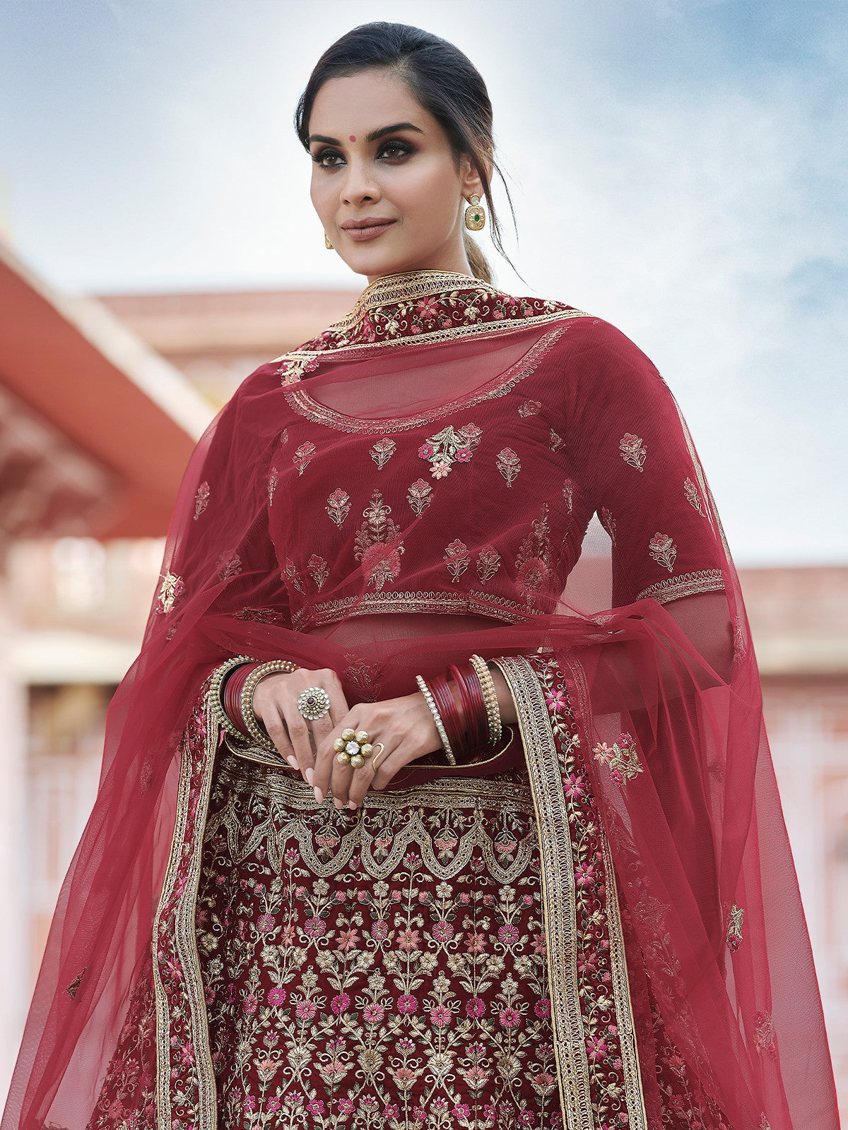 Maroon Elegant Semi Stitched Lehenga With Unstitched Blouse