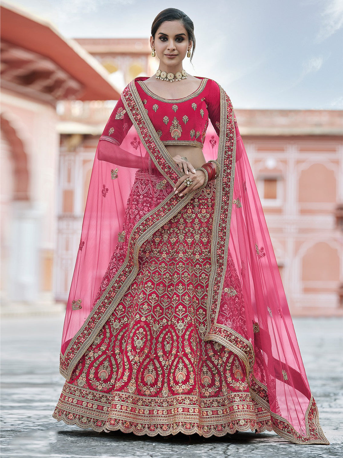 Festive Pink Semi Stitched Lehenga With Unstitched Blouse