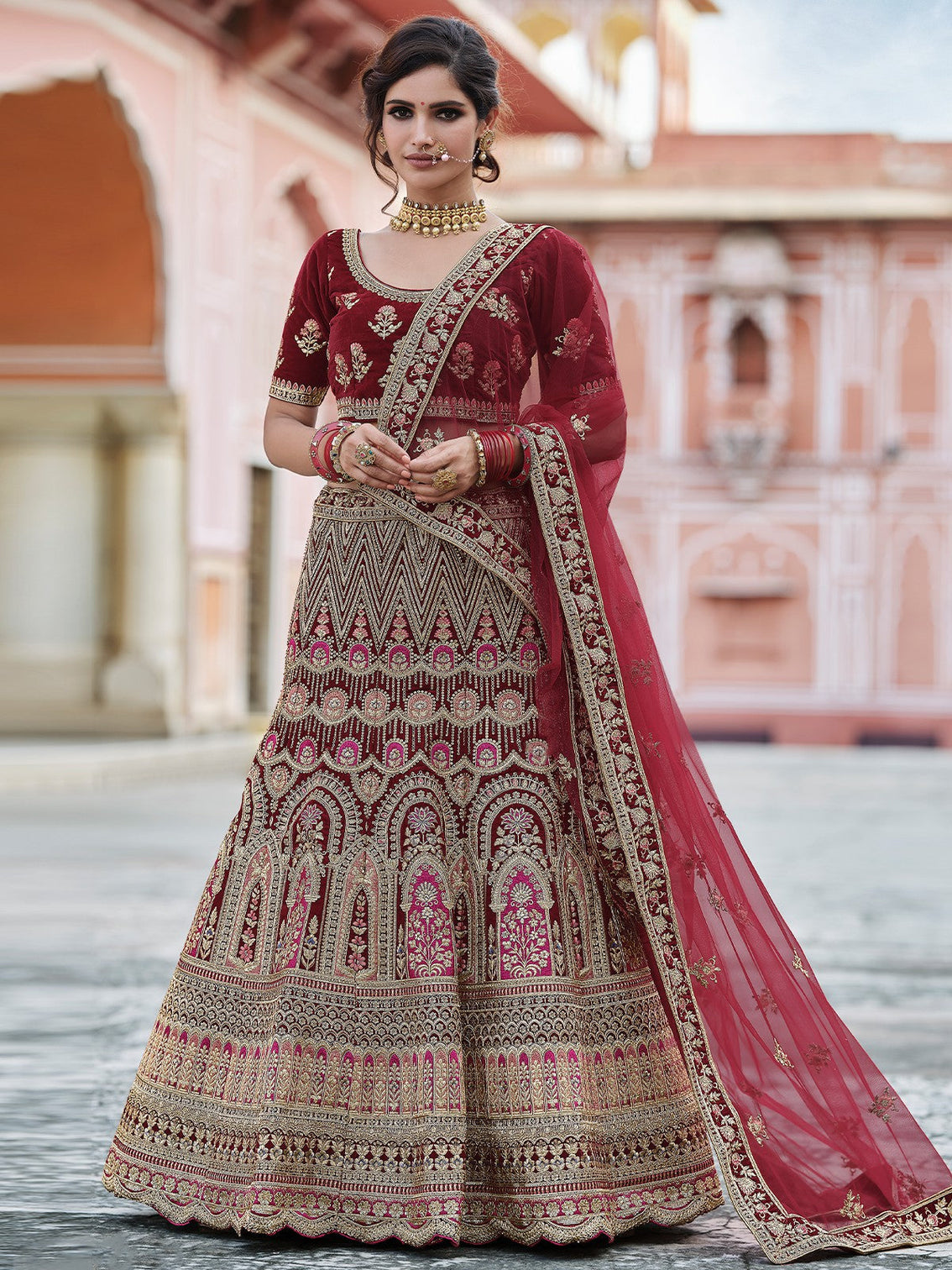 Designer Maroon Semi Stitched Lehenga With Unstitched Blouse